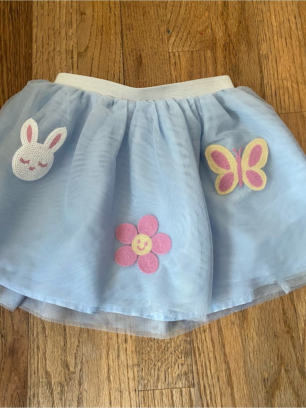 Old Navy 2T Light Blue Tulle Kids Skirt with Bunny, Flower & Butterfly Appliqués